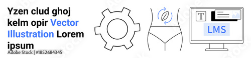 Gear for settings, waistline with arrow for fitness, and LMS interface on monitor. Ideal for technology, health, fitness, customization, education, online systems simple landing page