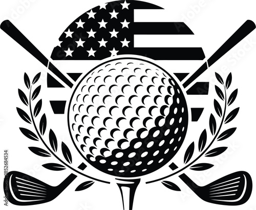 Patriotic Golf Emblem, American Golf Ball with Crossed Clubs and Laurel, Classic Sports Icon for National Pride, Championship Design, Outdoor Recreation and Athletic Spirit.