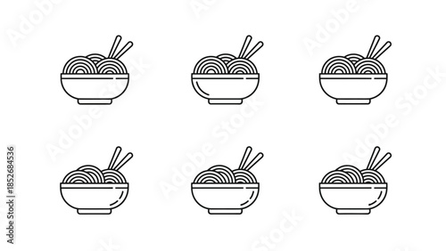 Set of six minimalist black and white outline icons of ramen noodle bowls with chopsticks
