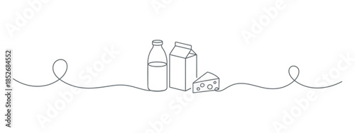 Continuous line drawing of milk bottle cheese and carton, vector illustration