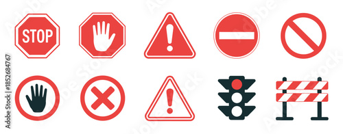 Warning and prohibition signs flat vector icons featuring stop, hand, danger, no entry, traffic light, and barrier symbols, ideal for safety posters, construction zones, traffic guides, and alert 