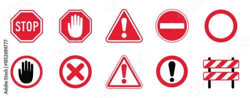 Warning and safety prohibition vector icon set including stop, danger, no entry, hand, barrier, and traffic light symbols, perfect for construction signage, traffic guides, safety alerts
