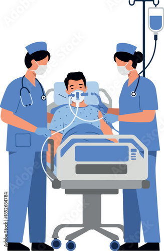 Two Nurses Monitor Patient on Ventilator in Modern Hospital Room