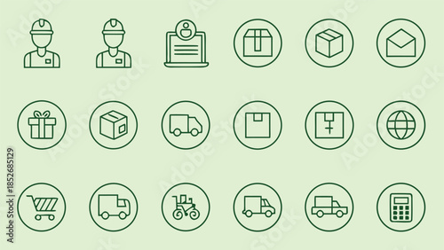 Delivery and shipping flat line icons with workers boxes trucks and package symbols for logistics and transport on pastel background