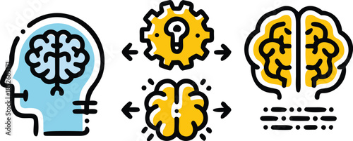 Illustration showing human head with a brain, cogwheel with lightbulb, and human brain with lightbulb symbolizing interconnected intelligence