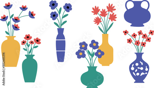 Vases With Colorful Flowers In Flat Design Isolated Vector Art
