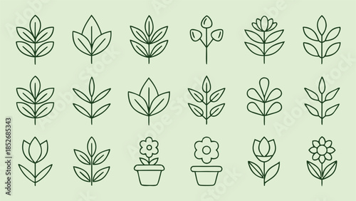 Set of minimalist linear plant icons. collection of simple green leaf and flower outline symbols. natural organic design elements