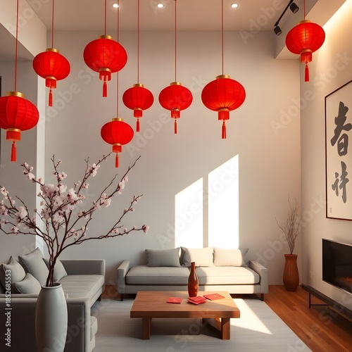 Modern interior decorated for Lunar New Year