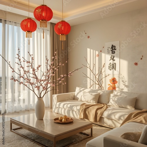 Modern interior decorated for Lunar New Year