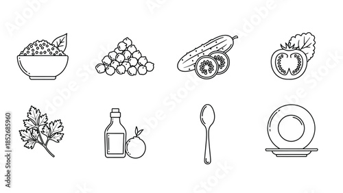 Black and white outline icons of ingredients and utensils for vegetarian salad preparation