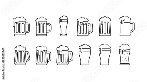 Collection of twelve black and white outline icons of beer glasses and mugs