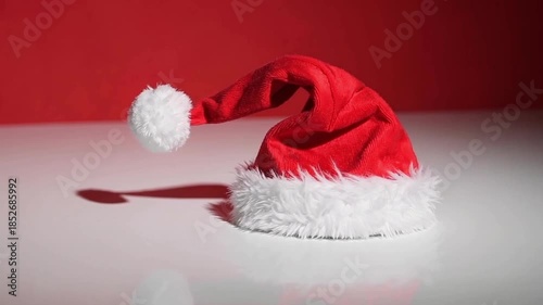Red Santa hat with white fur trim on a reflective surface against a festive red background.