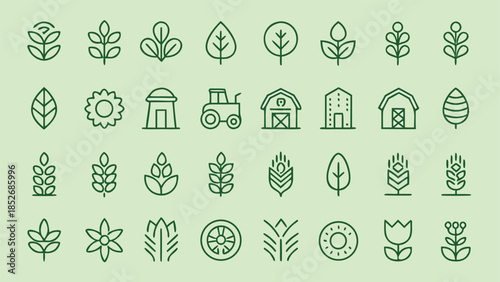 Nature and agriculture outline icons collection. diverse set of farm and plant symbols including leaves, flowers, barns and grain