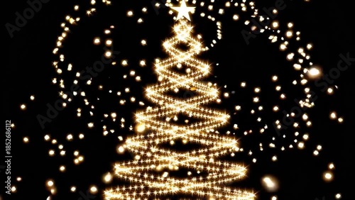 Glowing golden spiral Christmas tree made of sparkling light particles on a black background.