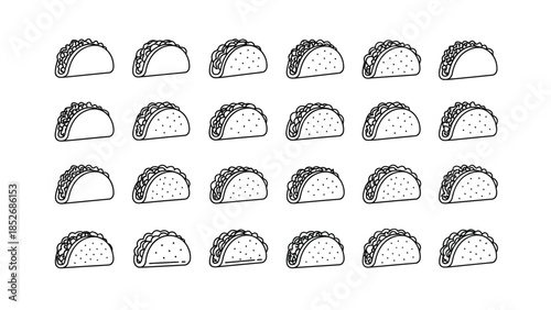 Seamless pattern of black and white line art taco icons