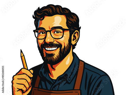 cheerful male cartoonist or animator holding a pencil, dressed in a blazer with a creative expression. Generative ai vector colorful pop art illustration.
