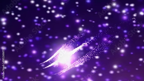 Purple cosmic light streak with glowing particles and sparkling stars on a dark space background.