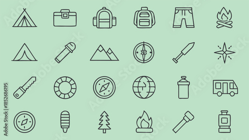 Outdoor and camping gear flat line icons set including tent briefcase backpack shorts and campfire on light green background