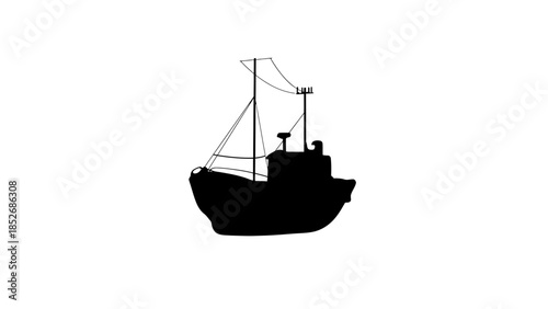 Black silhouette of a small sailboat on a white background, nautical icon