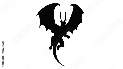 Black dragon silhouette flying with wings spread on white background