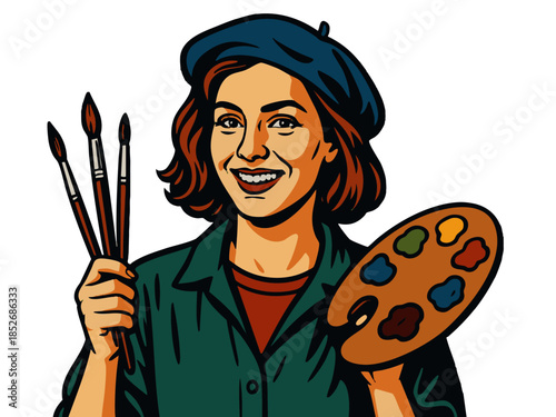smiling female painter holding paintbrushes and a palette, representing creativity, fine art, and artistic profession. Generative ai vector colorful pop art illustration.