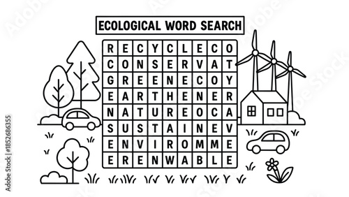 Ecological word search puzzle with eco friendly illustrations and green concepts