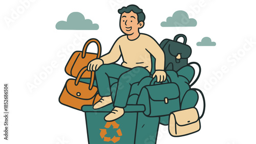 Man sitting on a recycling bin with bags, smiling, eco-friendly, sustainable living concept