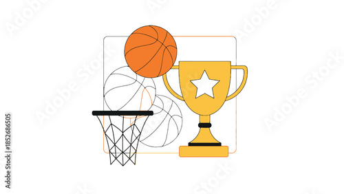 Basketball Championship Trophy and Hoop with Balls Illustration