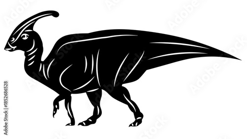 Black silhouette of a dinosaur with a distinctive crest on its head walking
