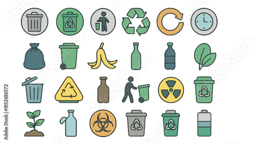 Recycling and waste management icons, symbols, and signs for eco-friendly practices and sustainability