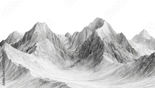 Jagged, snow-capped peaks rise dramatically from a barren, rocky valley