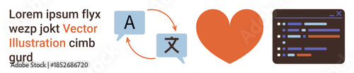 Localization, globalization, coding, translation processes, communication services, language learning. Icons of arrows between languages, a heart and a code window. Localization and globalization