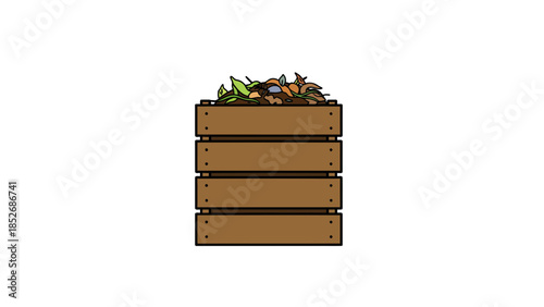 Brown wooden compost bin filled with green and brown leaves illustration