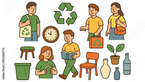 Eco friendly lifestyle illustration with people recycling and sustainable living