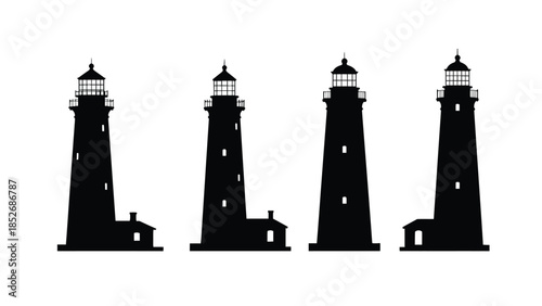 Black silhouettes of lighthouses with houses on a white background