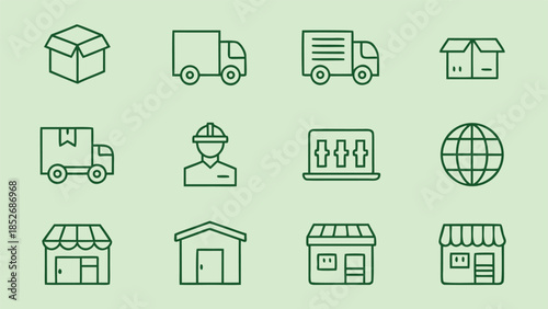 delivery and logistics icons set with trucks packages shops and warehouse for shipping services and transportation business elements