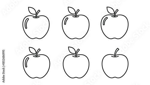 Seamless pattern of six stylized apple outline icons with stems and leaves