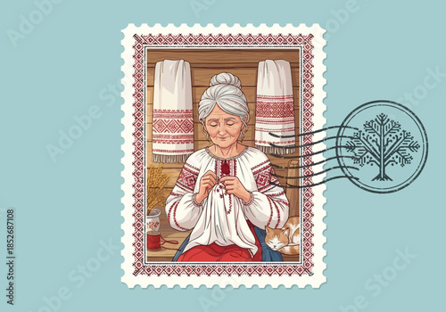 A postage stamp features an elderly woman embroidering in a rustic interior with traditional textiles