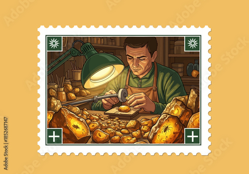 Amber craftsman polishing a piece under a bright lamp surrounded by raw amber stones