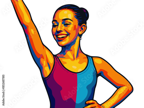 joyful female ballet dancer with arms raised, wearing a leotard and exuding confidence and grace. Generative ai vector colorful pop art illustration.