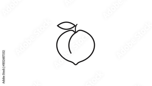 Simple line drawing of a peach with a leaf on top isolated