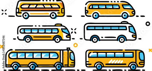 collection of yellow and grey bus illustrations on transparent background with dashed lines and graphic elements
