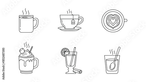 Collection of six minimalist line icons representing hot and cold beverages such as coffee and tea