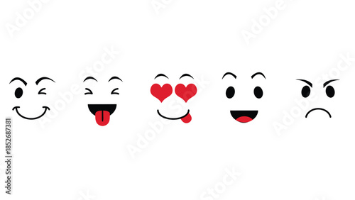 Collection of various emoticon faces with different expressions and emotions on white