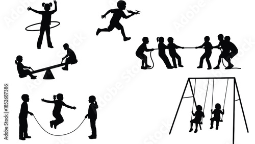 Children playing outdoors in various fun activities and games together