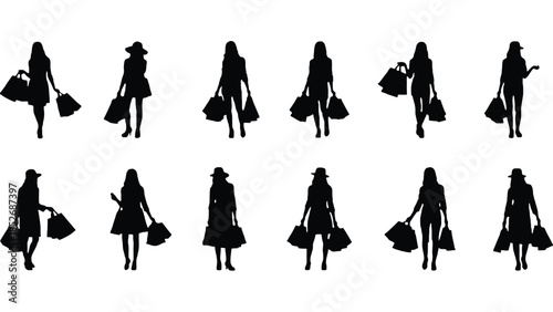 Silhouettes of women in various poses with shopping bags and hats on white background