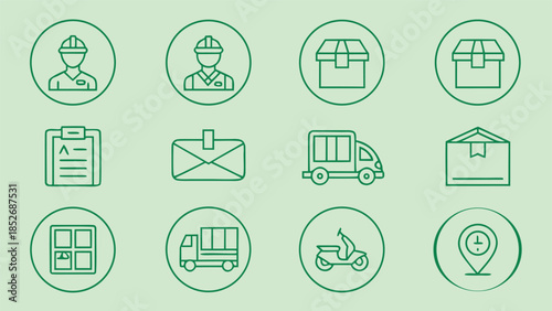 Delivery personnel and various shipping-related icons are presented, depicting modern package handling and transportation services