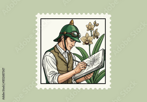 Botanist sketches an orchid while wearing a pith helmet and goggles