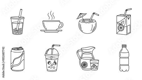 Collection of eight simple outline icons representing popular beverages