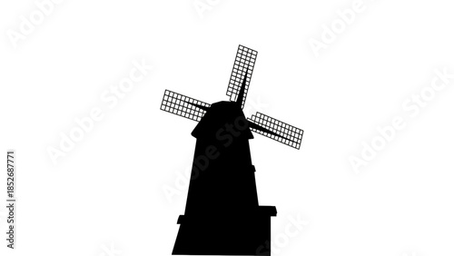 Black silhouette of a traditional windmill with grid patterned blades on white background